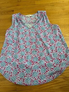 LOFT Pink Floral V-Neck Sleeveless Tank with Blue Accents